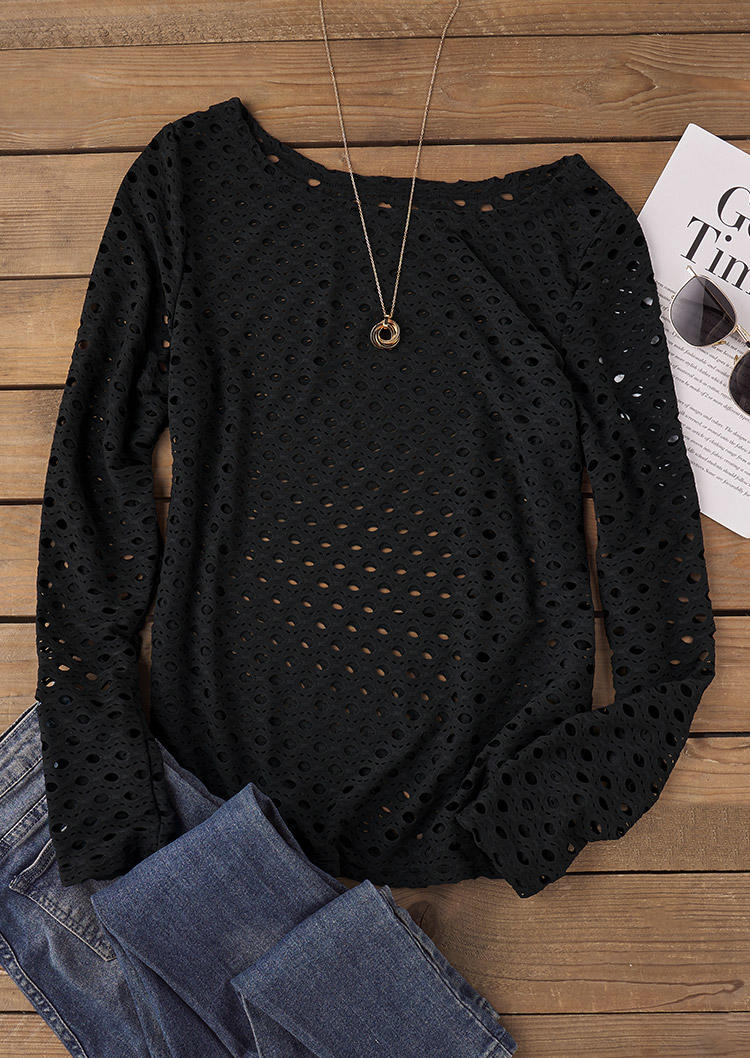 

Blouses Hollow Out Slash Neck Long Sleeve Blouse in Black. Size: L