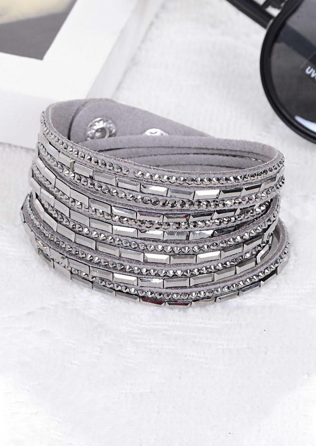 

Bracelet Rhinestone Snap Button PU Leather Bracelet in Gray. Size