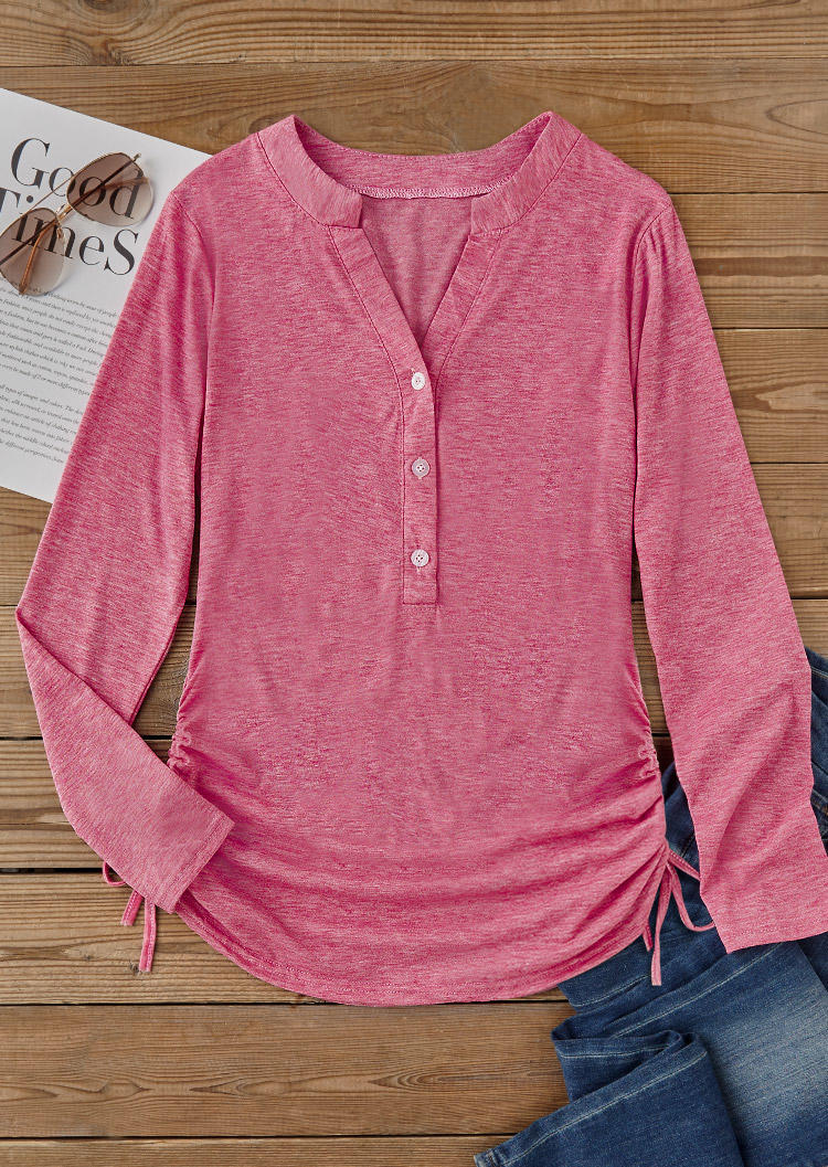 

Blouses Drawstring Button Long Sleeve Blouse in Pink. Size
