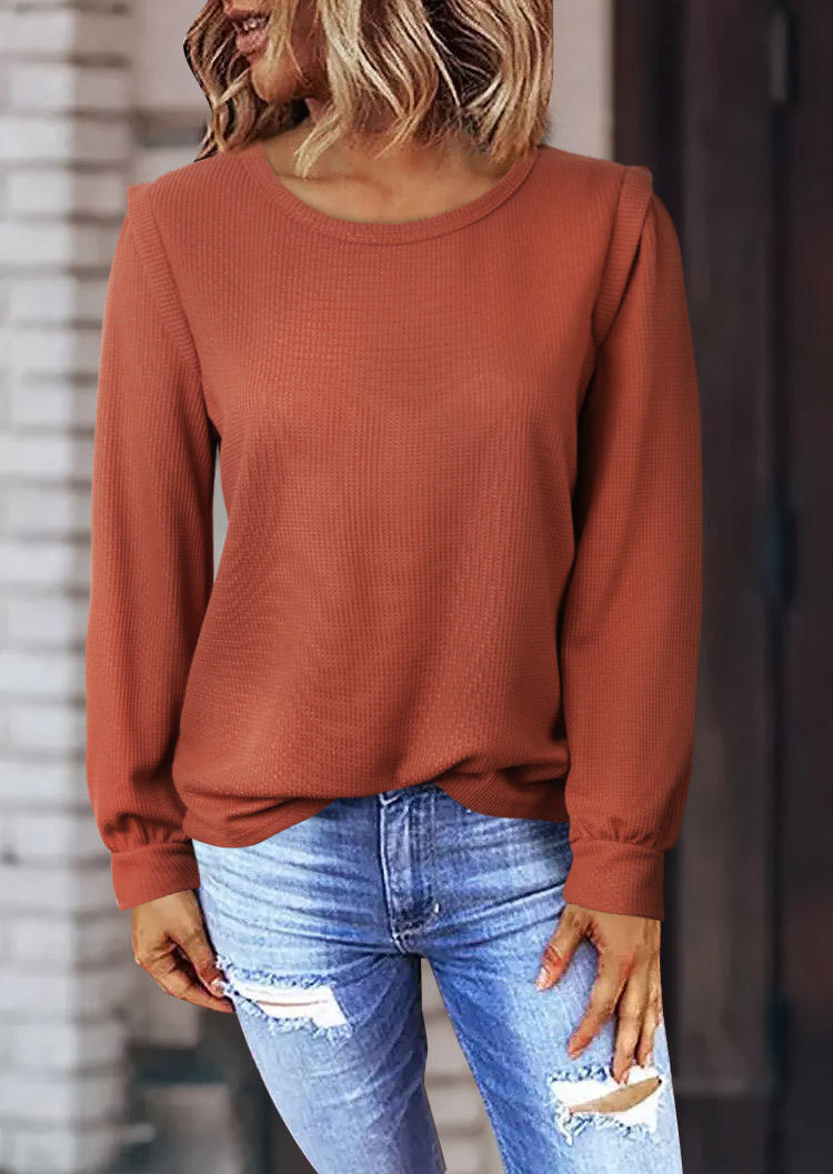 

Blouses Waffle Long Sleeve O-Neck Blouse - Brick Red in Red. Size: L,M
