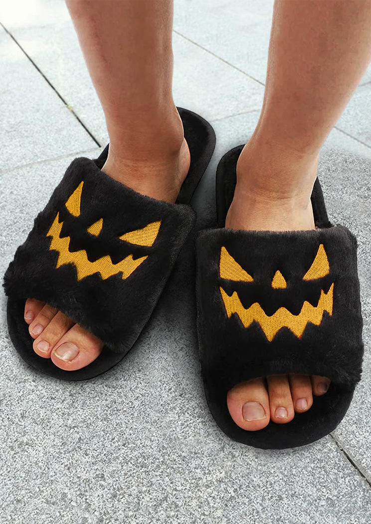 

Slippers Halloween Pumpkin Face Plush Slippers in Black. Size