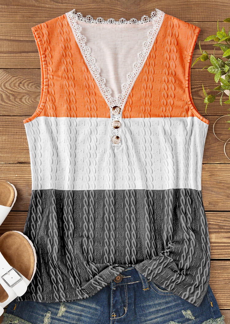 

Tank Tops Color Block Button Lace Splicing Tank Top in Multicolor. Size