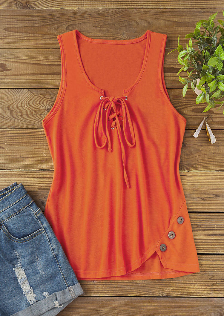 

Tank Tops Lace Up Button Concise Tank Top in Orange. Size