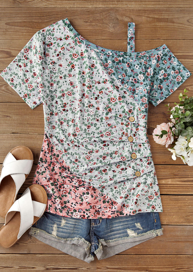 

Blouses Ditsy Floral Color Block Button One Sided Cold Shoulder Blouse in Multicolor. Size