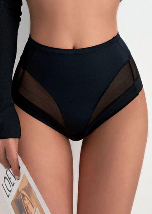 Mesh Splicing High Waist Panties - Black