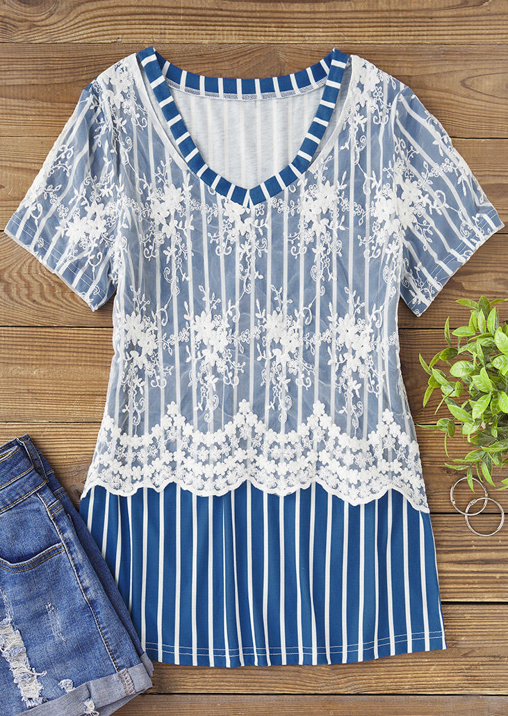 

Blouses Striped Floral Lace Splicing Hollow Out Blouse in Multicolor. Size: L,M,,XL