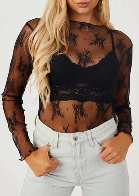 

Blouses Floral Lace See-Through Long Sleeve Blouse in Black. Size: L,M