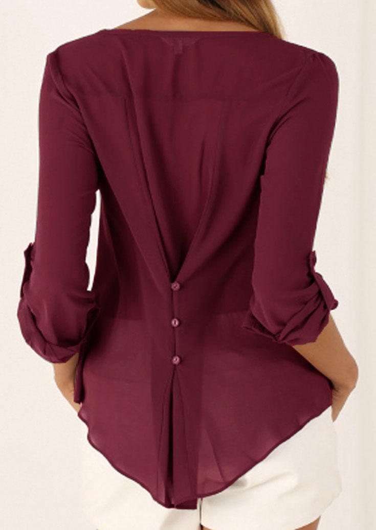 

Blouses Button Notched Collar Long Sleeve Blouse - Burgundy in Red. Size