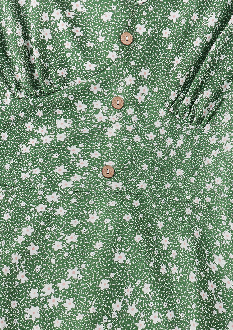 Ditsy Floral Elastic Cuff Button Mini Dress - Green