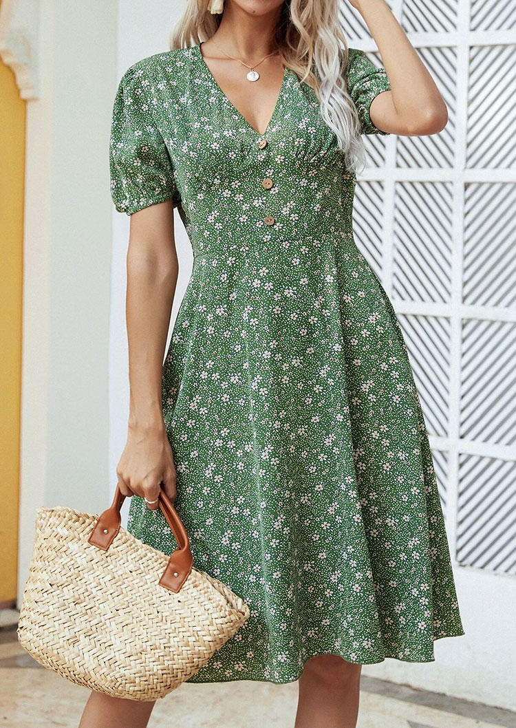 Ditsy Floral Elastic Cuff Button Mini Dress - Green