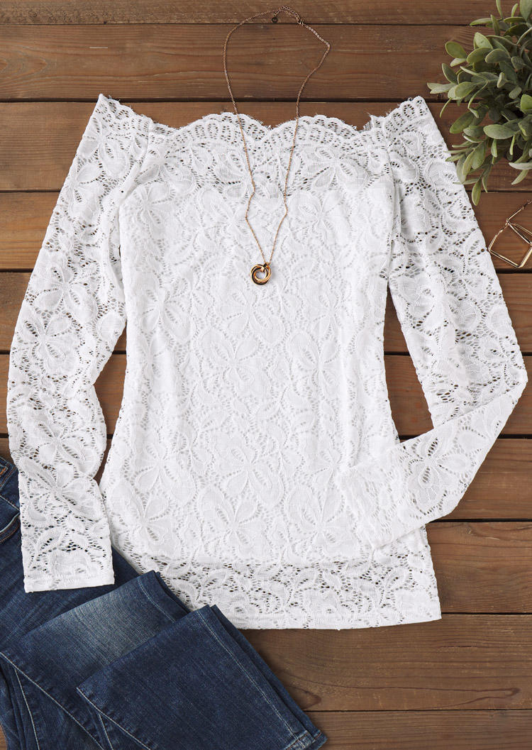 

Blouses Lace Splicing Long Sleeve Blouse in White. Size