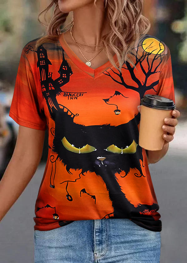 

T-shirts Tees Halloween Elf Cat V-Neck T-Shirt Tee in Orange. Size