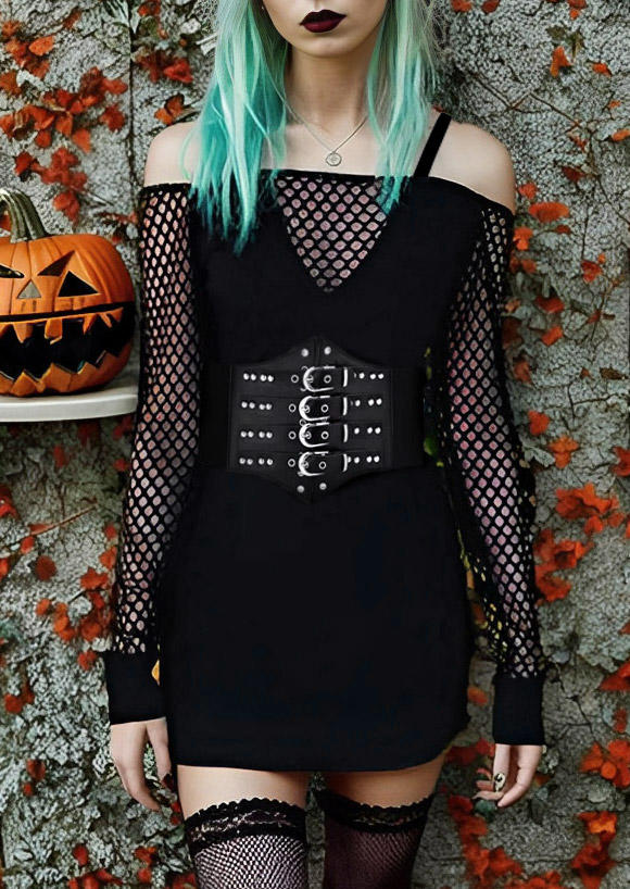 

Bodycon Dresses Halloween Fishnet Hollow Out Cold Shoulder Bodycon Dress without Belt in Black. Size: L,M,,XL