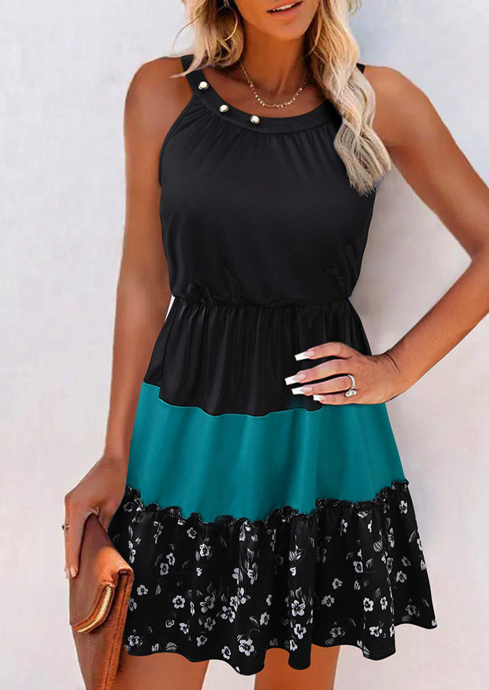 Color Block Ditsy Floral Button Mini Dress - Black