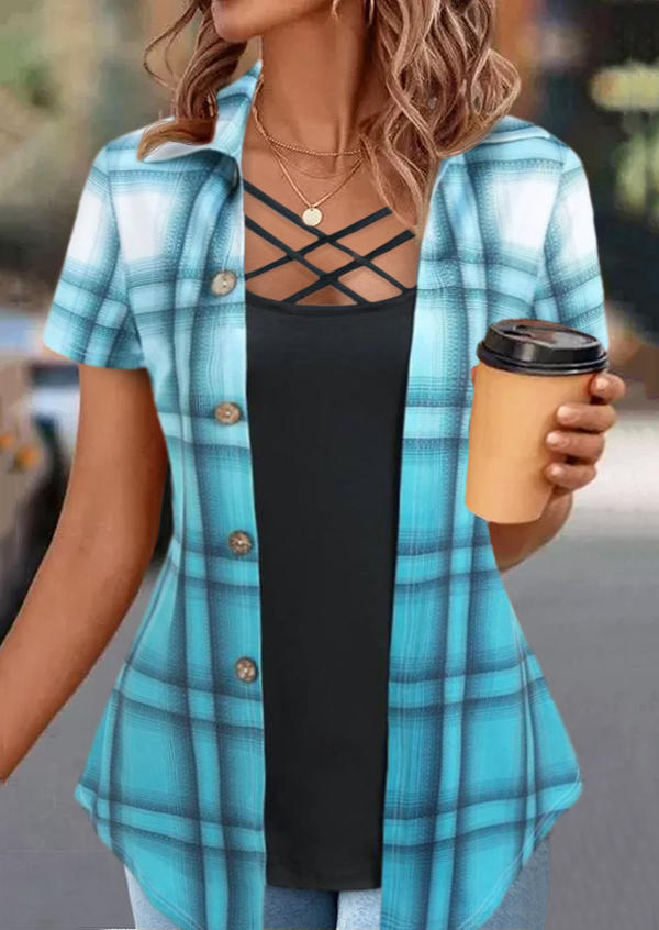 

Shirts Gradient Plaid Turn-Down Collar Shirt in Multicolor. Size: L,M,,XL