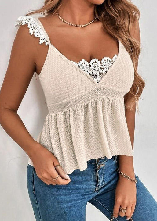 

Tank Tops Lace Splicing Ruffled Waffle Tank Top in Apricot. Size: L,M,,XL