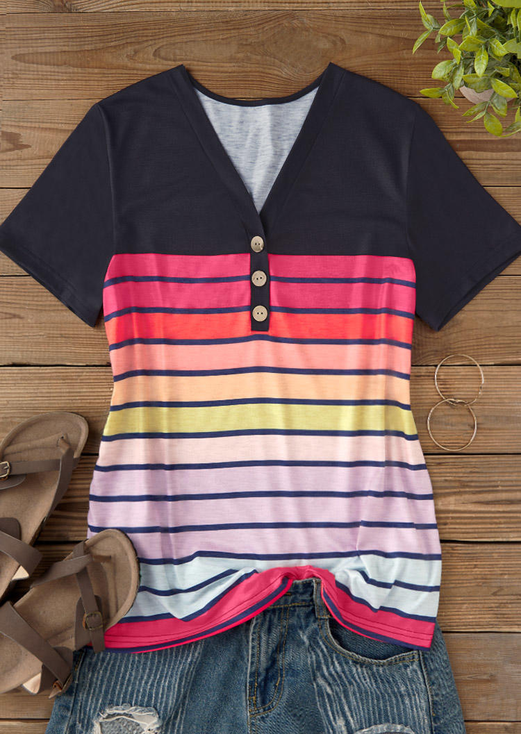 

Blouses Gradient Striped Button V-Neck Blouse in Multicolor. Size