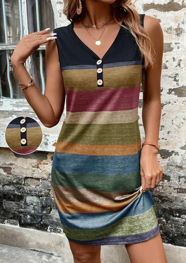 Striped Button V-Neck Mini Dress