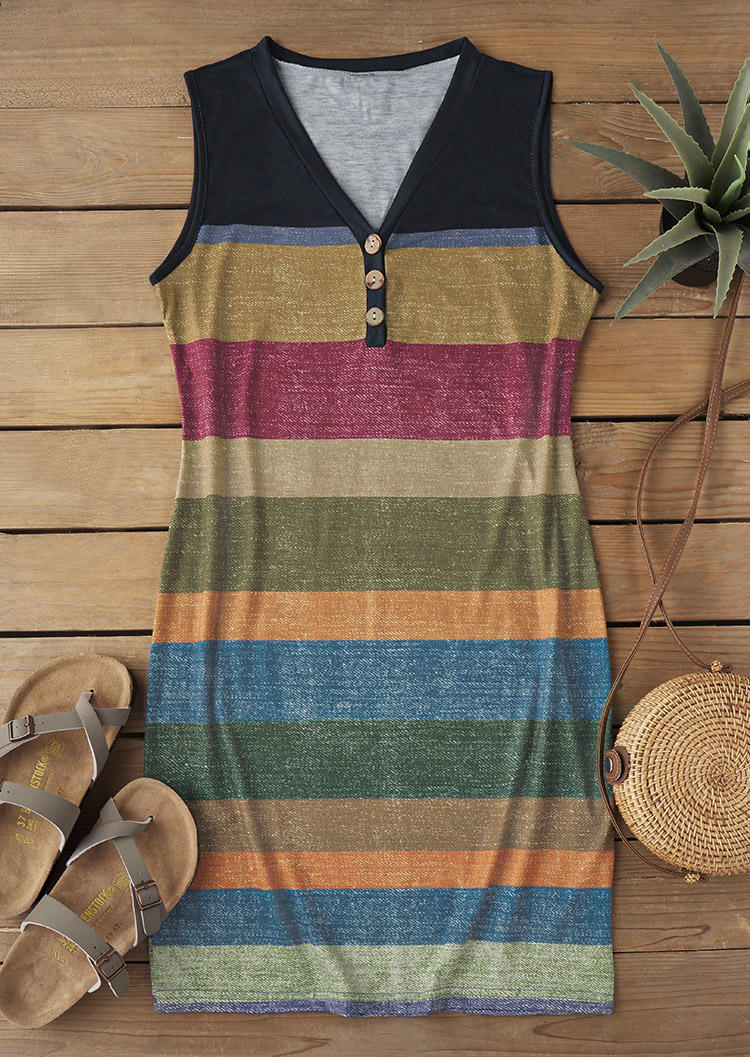 

Mini Dresses Striped Button V-Neck Mini Dress in Multicolor. Size