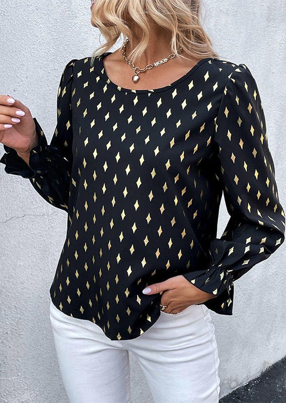 

Blouses Geometric Ruffled O-Neck Blouse in Black. Size: L,,XL