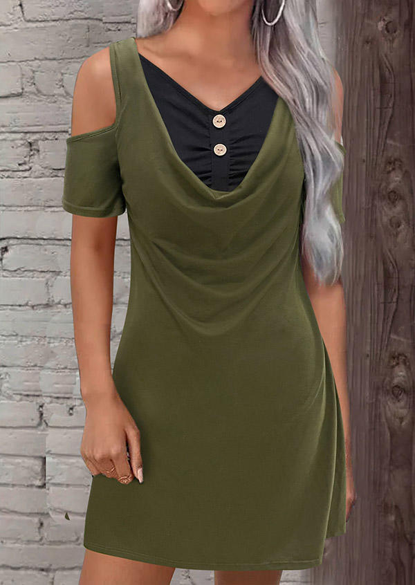 Button Ruched Cold Shoulder Mini Dress - Army Green
