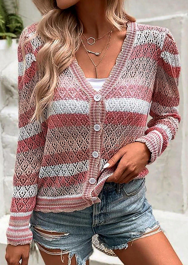Color Block Crochet Button V-Neck Cardigan