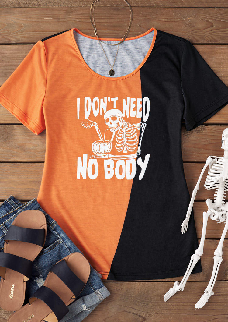 

T-shirts Tees I Don't Need No Body Color Block Skeleton Pumpkin T-Shirt Tee in Orange. Size: L,M,,XL