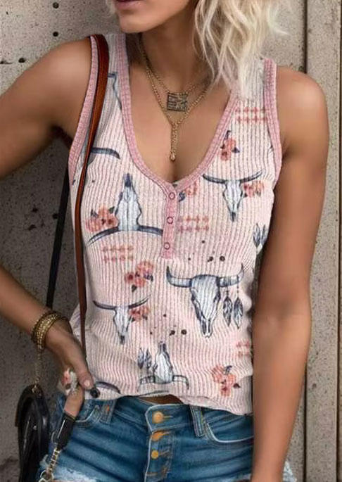 Floral Steer Skull Snap Button Tank - Pink