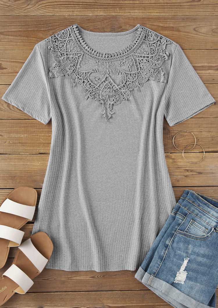 

Blouses Lace Splicing Ribbed O-Neck Blouse in Gray. Size: ,XL
