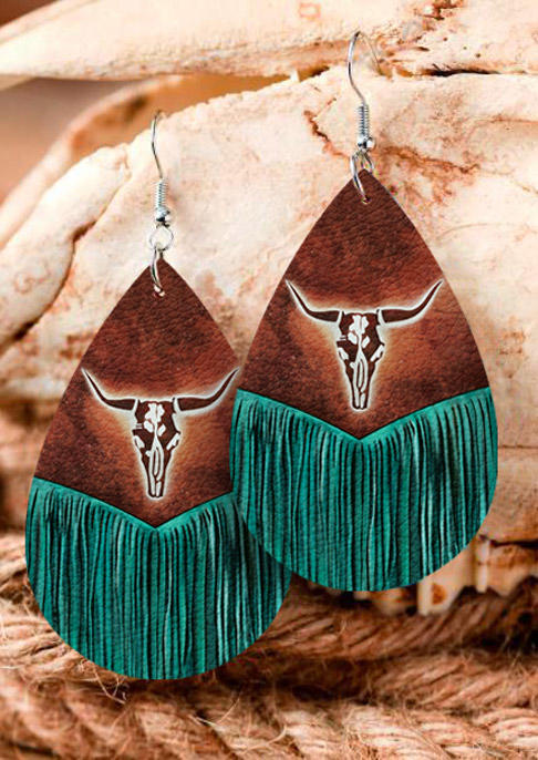 Steer Skull Fake Tassel Water Drop Earrings