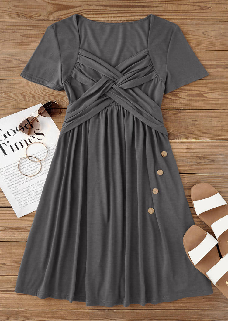

Mini Dresses Criss-Cross Ruffled Button Mini Dress in Gray. Size: M