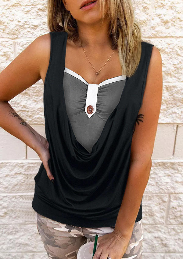 

Tank Tops Button Draped Fake Two-Piece Tank Top in Black. Size: L,M,,XL
