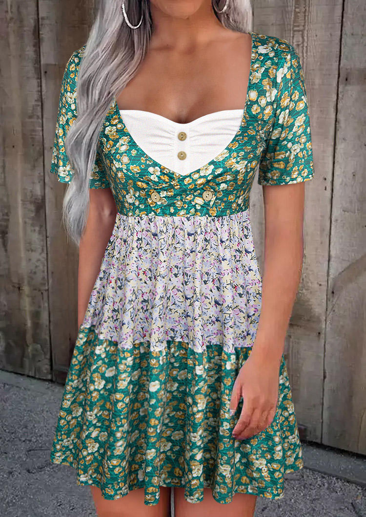 Ditsy Floral Color Block Ruffled Fake Two-Piece Mini Dress