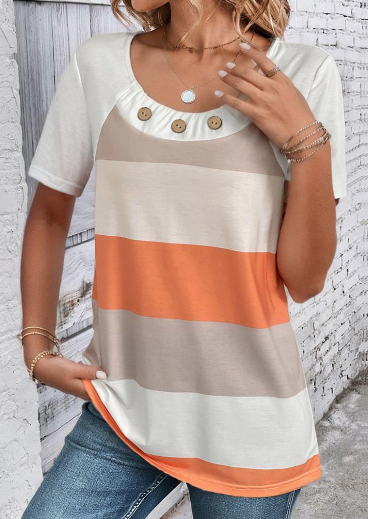 

Blouses Color Block Button Short Sleeve Blouse in Multicolor. Size: L,M,,XL