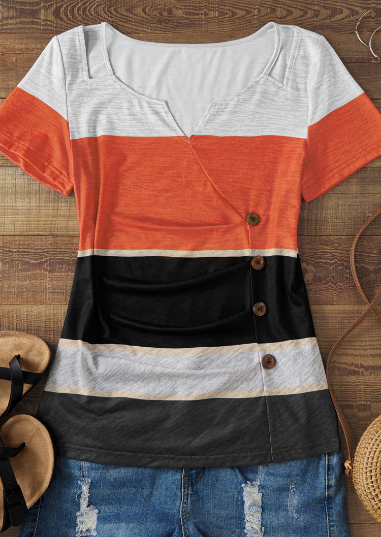 

Blouses Color Block Button Hollow Out Blouse in Multicolor. Size: L,,XL