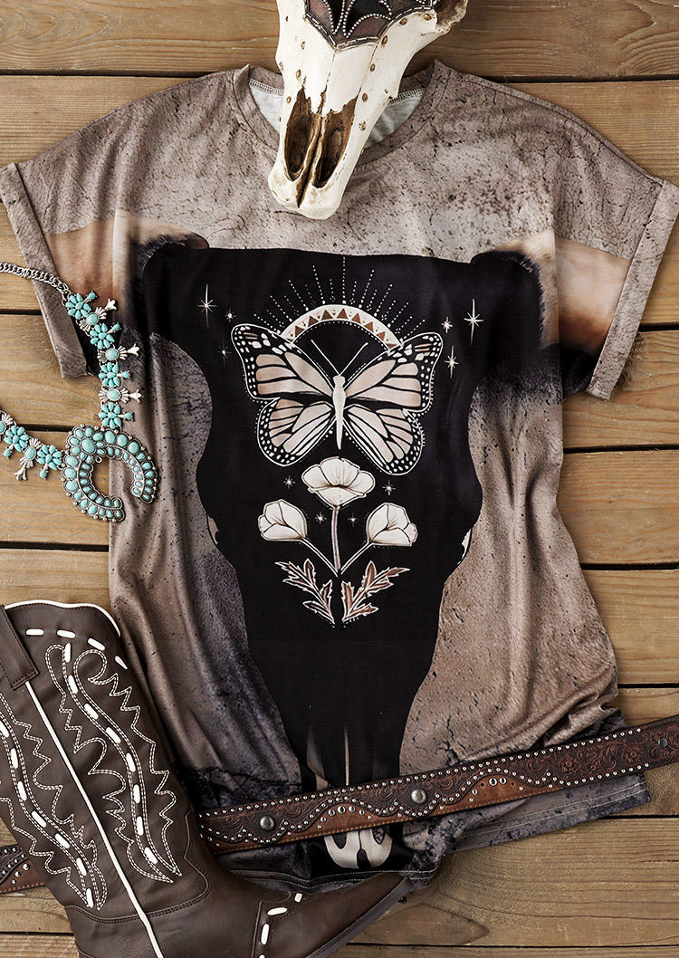 

T-shirts Tees Steer Skull Butterfly O-Neck T-Shirt Tee in Multicolor. Size