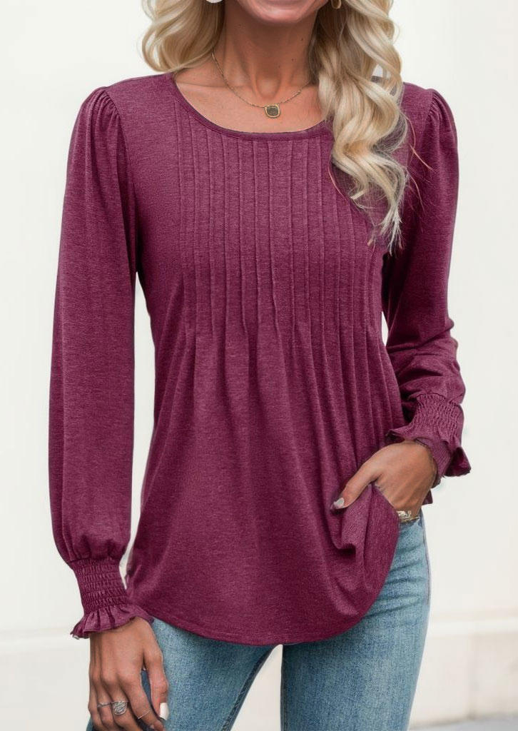 

Blouses Smocked Ruffled Puff Sleeve Blouse - Plum in Red. Size