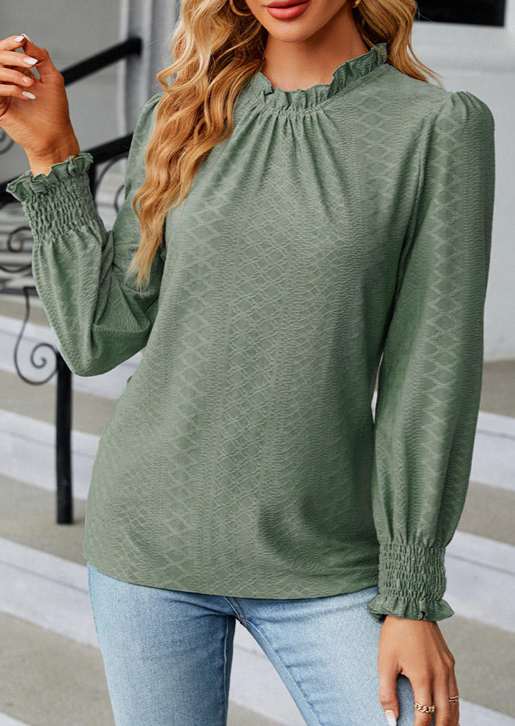 

Blouses Jacquard Smocked Ruffled Long Sleeve Blouse in Green. Size