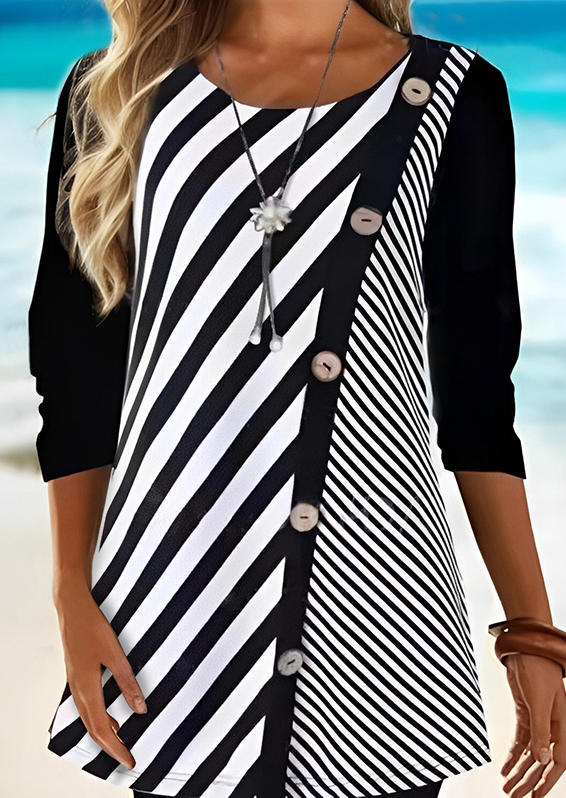 

Blouses Striped Button Long Sleeve O-Neck Blouse in Multicolor. Size: L