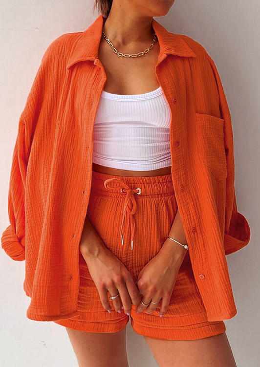 Button Pocket Shirt And Tie Shorts Two-Piece Set - Orange