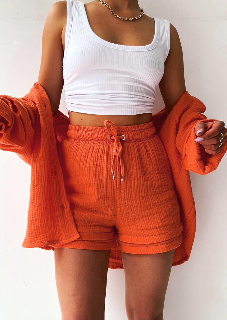 

Two-Piece Sets Button Pocket Shirt And Tie Shorts Two-Piece Set in Orange. Size
