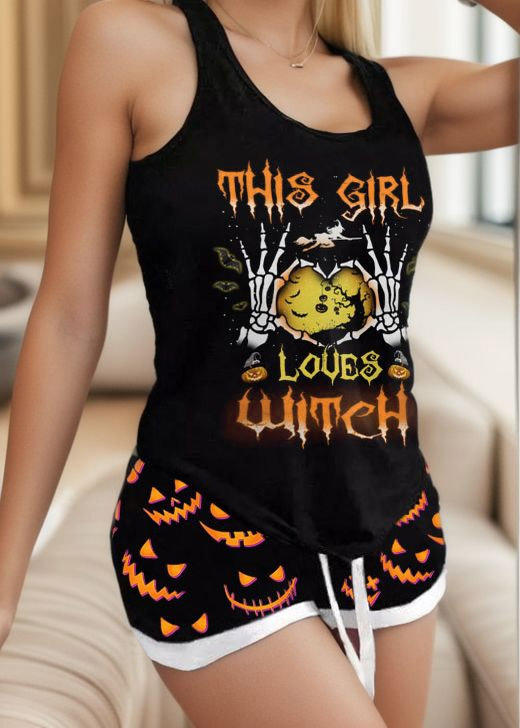 

Sleepwear Halloween This Girl Loves Witch Tank And Pumpkin Face Shorts Pajamas Set in Black. Size: L,M,,XL