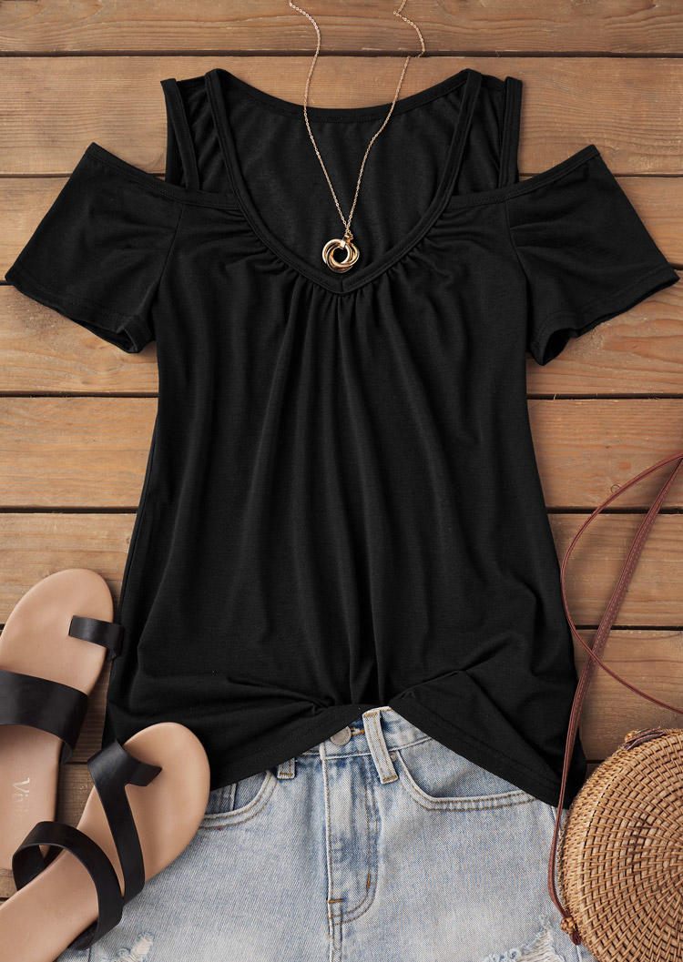 

Blouses Ruffled Hollow Out Cold Shoulder Blouse in Black. Size: L,M,,XL
