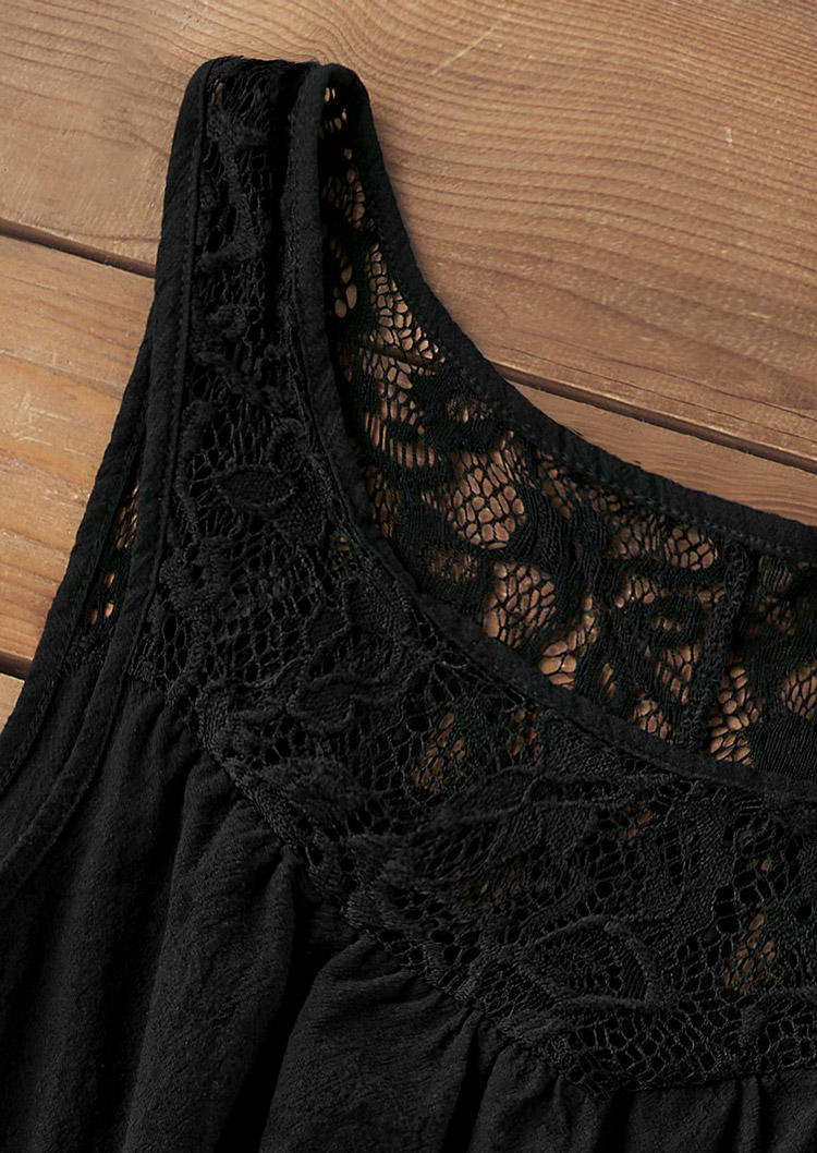 Lace Ruffled Slit Scoop Neck Tank - Black