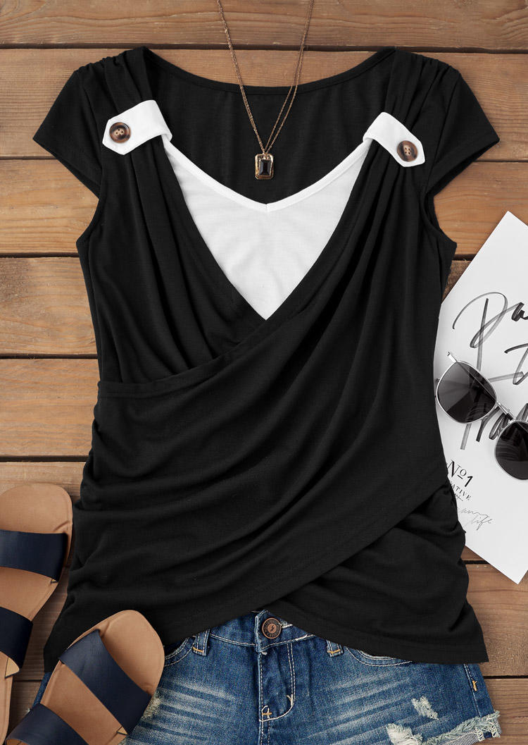 

Blouses Button Ruffled Criss-Cross Fake Two-Piece Blouse in Black. Size: M