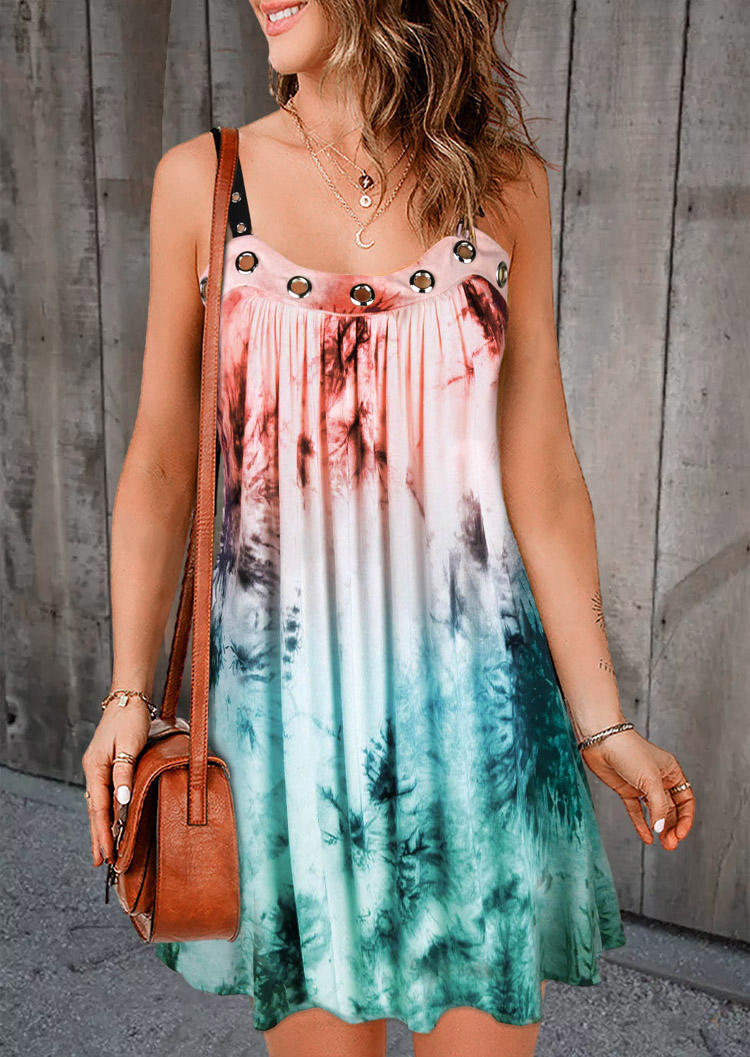 Tie Dye Eyelet Ruffled Open Back Mini Dress