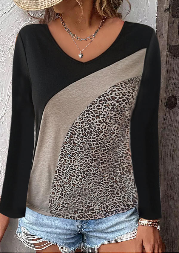 

Blouses Color Block Leopard Long Sleeve Blouse in Multicolor. Size: ,XL