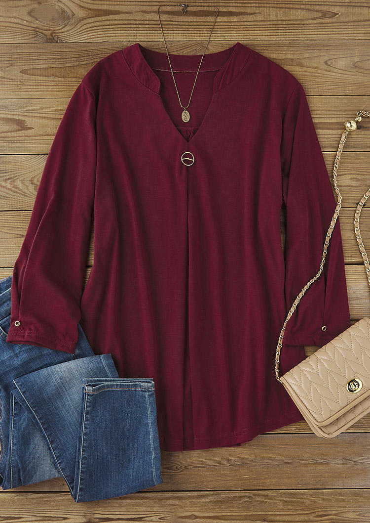 

Blouses Button Ruffled Notched Neck Blouse - Burgundy in Red. Size: L,,XL