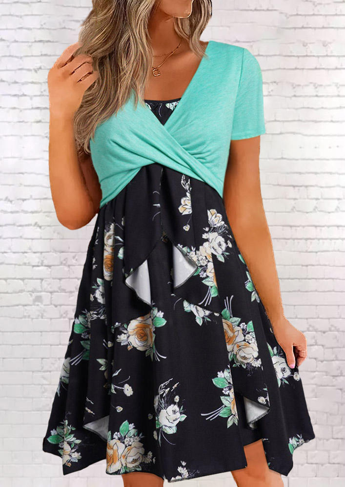 Floral Twist Ruffled Fake Two-Piece Mini Dress