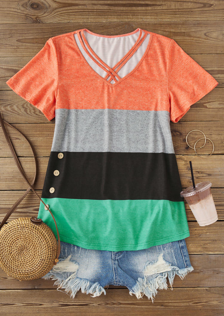 

Blouses Color Block Criss-Cross Button Blouse in Multicolor. Size: L,M,,XL